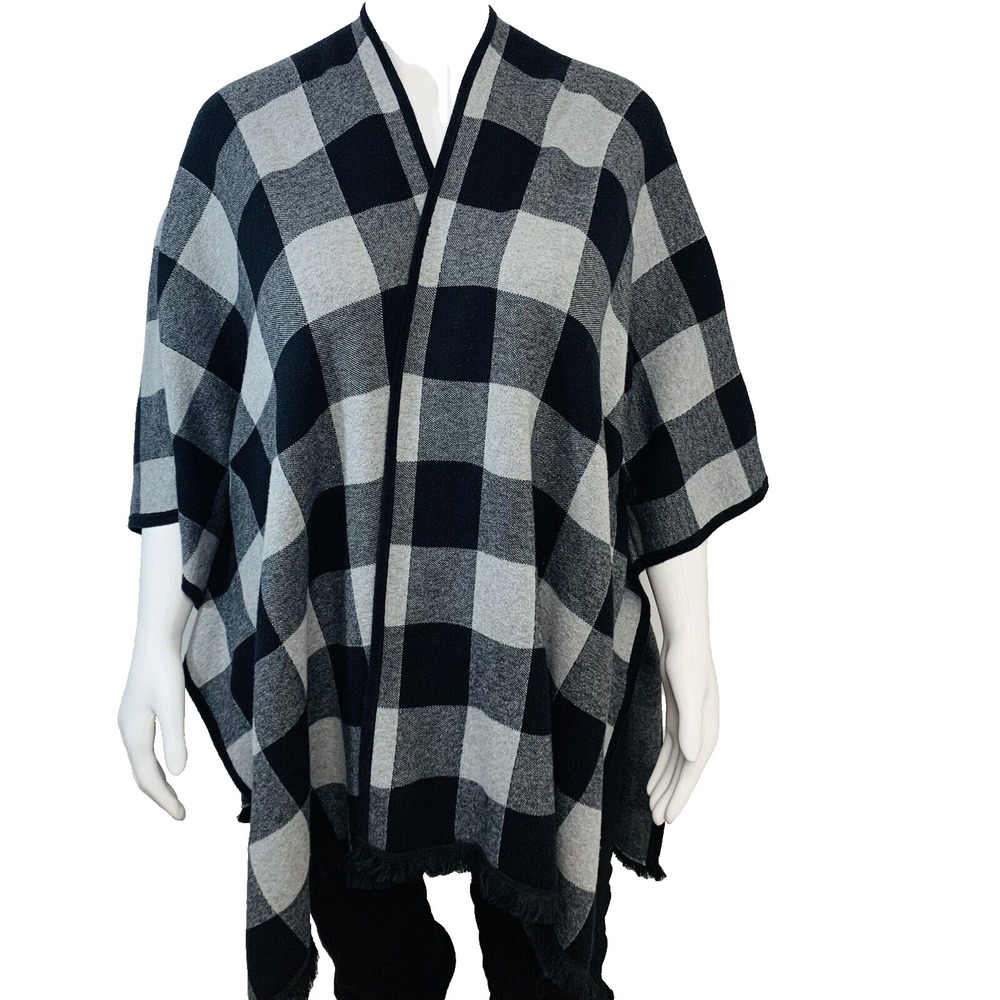 Kensie Buffalo Plaid Poncho Wrap Black Grey Check Fringe One Size Western Boho
